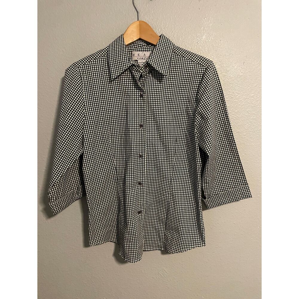Vintage Real Comfort Top Womens Small Black White Check 3/4 Sleeve Cottagecore